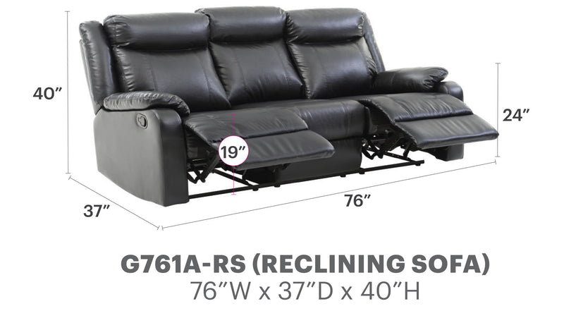 Contemporary three seater reclining sofa by Glory Furniture with plush cushions and modern design, shown in a stylish living room setting.