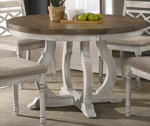 Havanna wide vintage round dining table by Lilola Home with walnut top and off-white base, stylish and spacious for dining rooms.