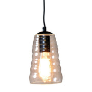 Lumi Source Torus long industrial pendant light with clear glass shade hanging from ceiling, modern pendant lighting fixture.