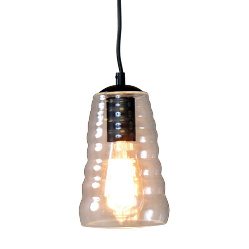 Lumi Source Torus long industrial pendant light with clear glass shade hanging from ceiling, modern pendant lighting fixture.