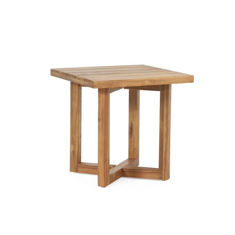 Noble House Ella square side table with cross stretcher base, modern furniture piece with wooden finish and sleek design.