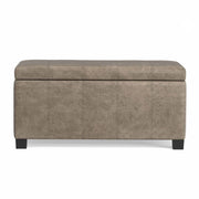 Simpli-Home Dover storage ottoman in smoky brown leather with lift-up lid, showcasing its sleek design and functional storage space.