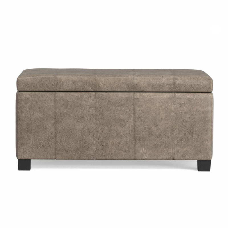 Simpli-Home Dover storage ottoman in smoky brown leather with lift-up lid, showcasing its sleek design and functional storage space.