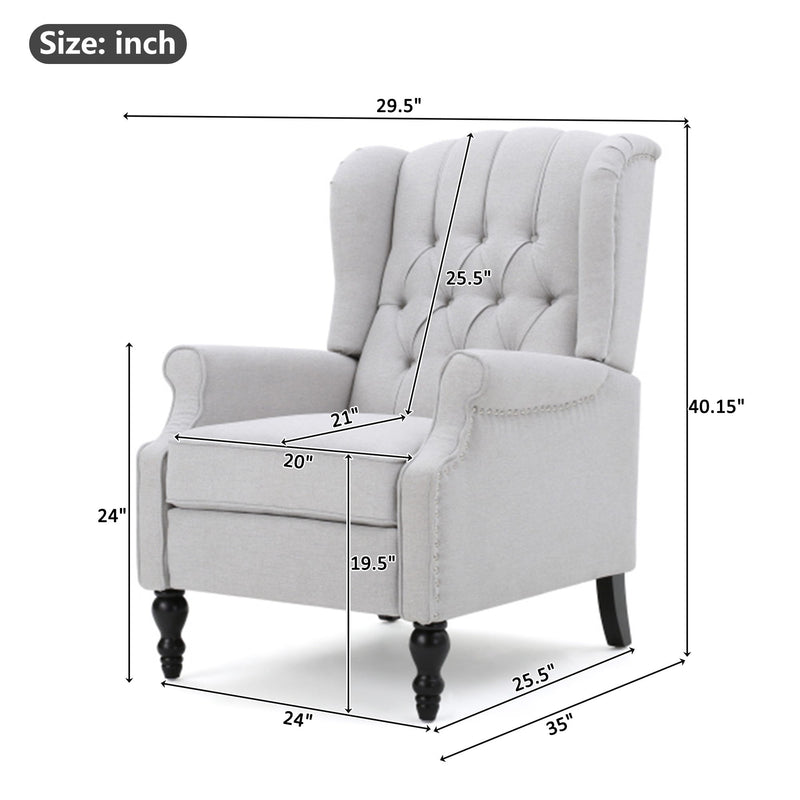 Tufted Arm Chair Recliner With Wingback Style, Pushback Mechanism - Light Gray