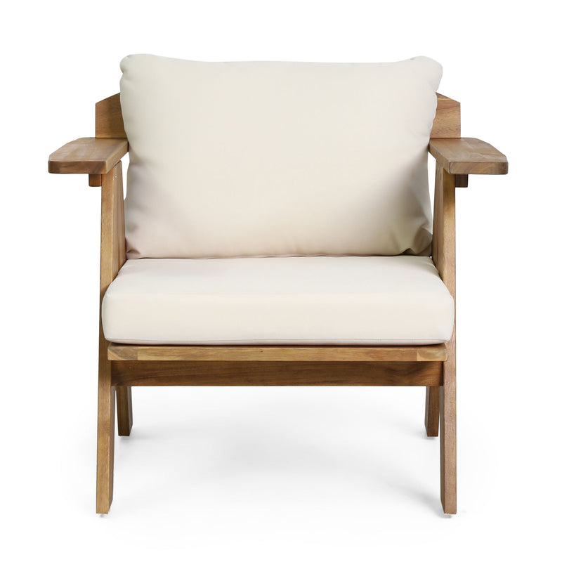 Set of two outdoor acacia wood club chairs with beige cushions by Noble House, perfect for patio or garden seating.