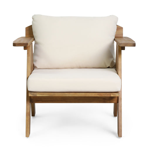 Set of two outdoor acacia wood club chairs with beige cushions by Noble House, perfect for patio or garden seating.