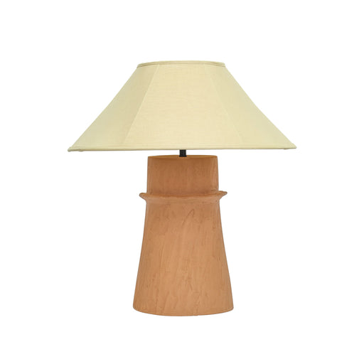 TOV Furniture Matson terracotta table lamp with natural finish, showcasing a stylish ceramic base and fabric shade on a wooden table.