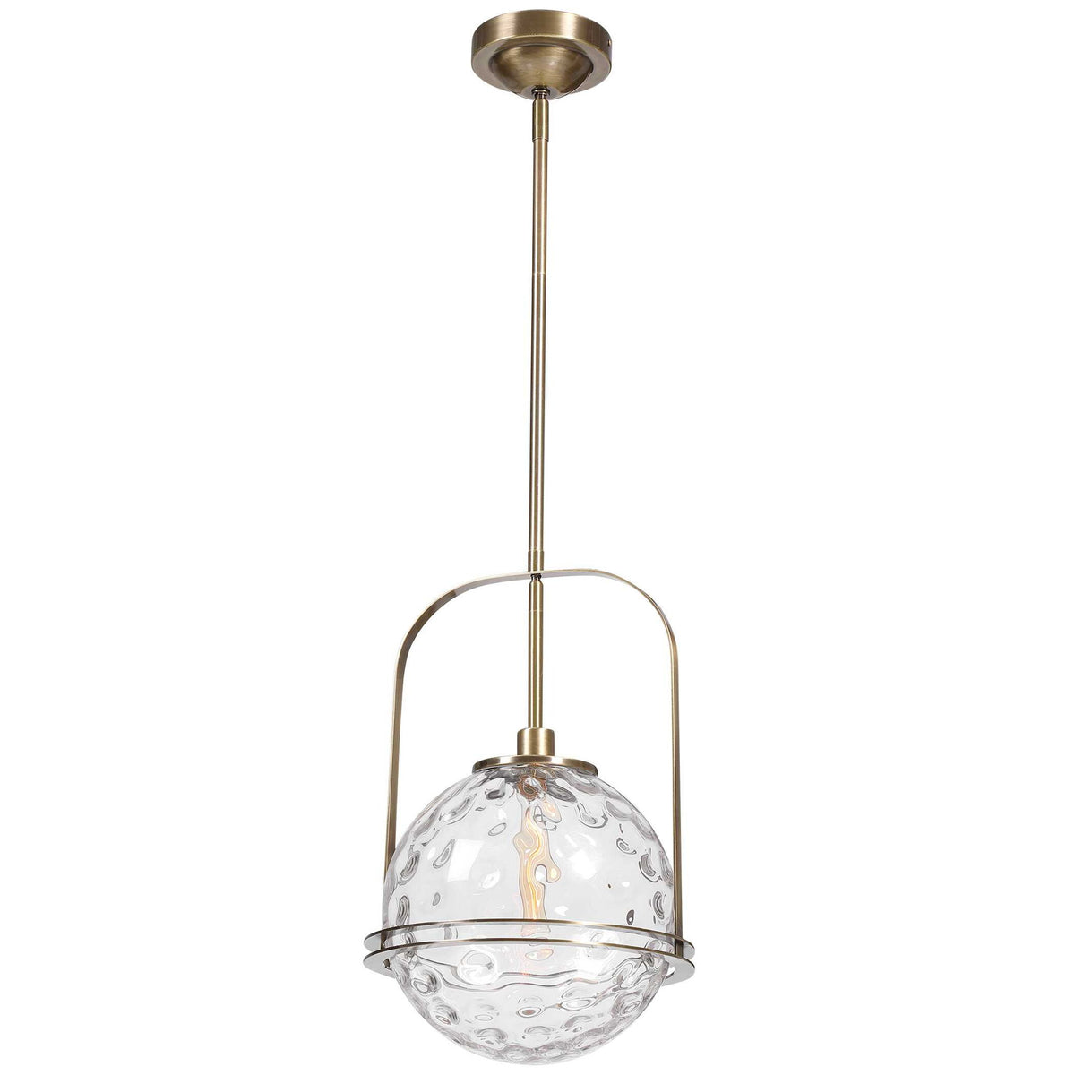 Uttermost Mimas 1-light gold globe pendant light hanging from ceiling with modern design and sleek finish.