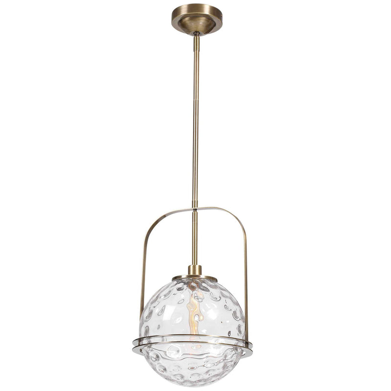Uttermost Mimas 1-light gold globe pendant light hanging from ceiling with modern design and sleek finish.