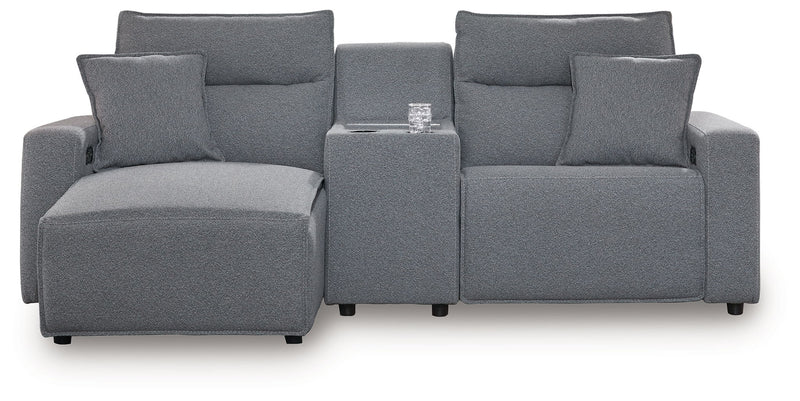 Signature Design by Ashley Modmax II reclining sectional in salt and pepper fabric, featuring plush cushions and reclining seats.