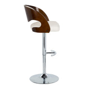 Set of two Lumi Source Pino mid-century modern adjustable barstools with chrome frames, white seats, cherry accents, and rounded T footrests.