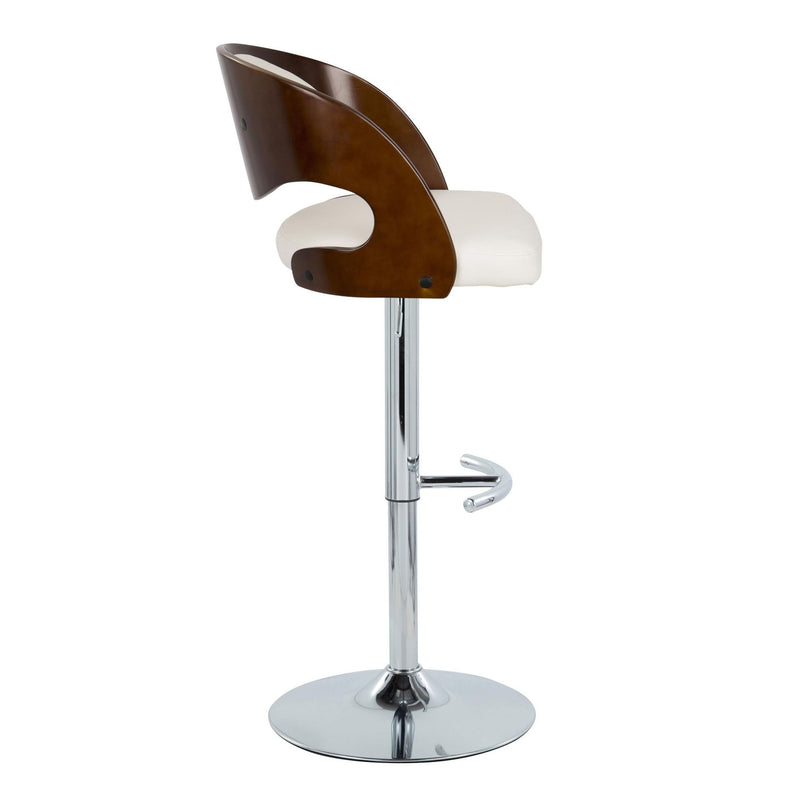 Set of two Lumi Source Pino mid-century modern adjustable barstools with chrome frames, white seats, cherry accents, and rounded T footrests.