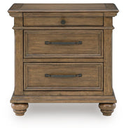 Medium brown Karallin three-drawer night stand by Signature Design Ashley, featuring sleek accent furniture with modern drawer handles.