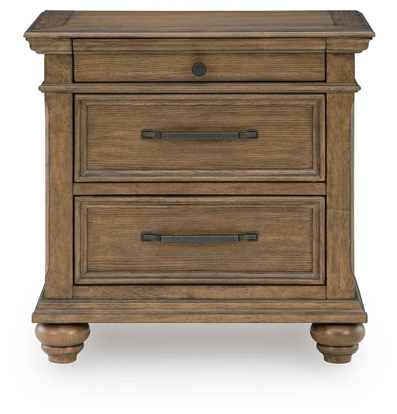 Medium brown Karallin three-drawer night stand by Signature Design Ashley, featuring sleek accent furniture with modern drawer handles.