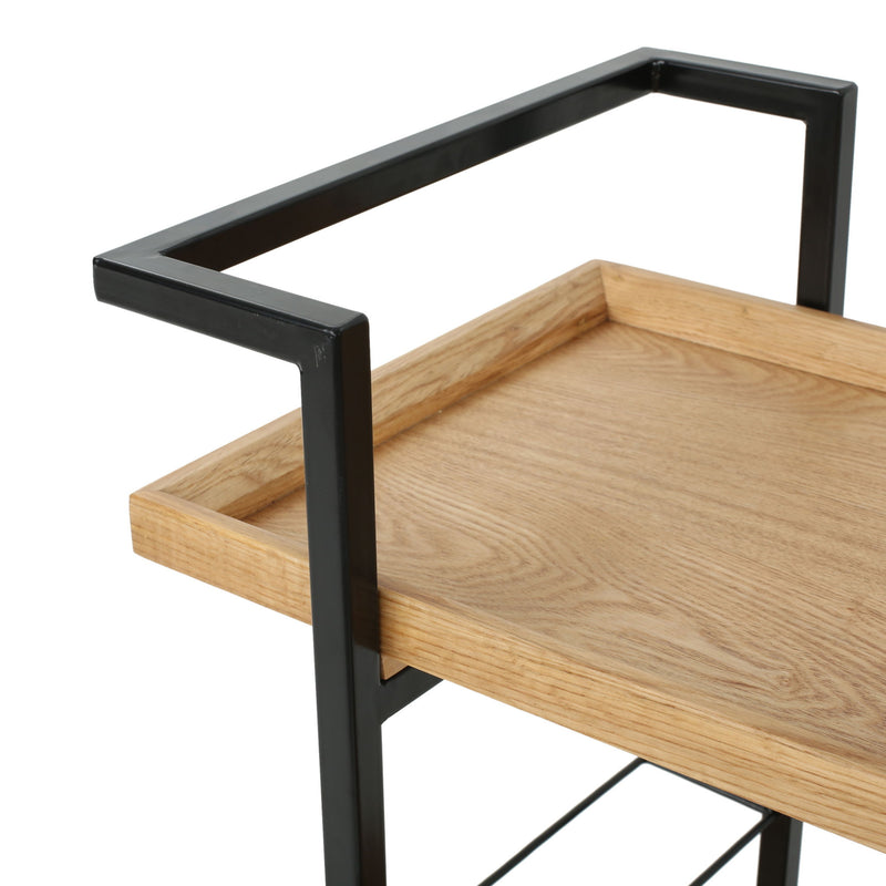 Modern industrial Noble House bar cart with metal shelving and casters, featuring a sleek design for serving and storage.