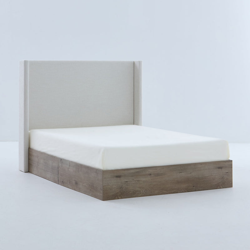Shelton - Queen Upholstered Wingback Bed With 54" High Headboard - Ivory / Light Gray / Camel Oak - R&R Furniture Gallery (Fountain Valley, CA)