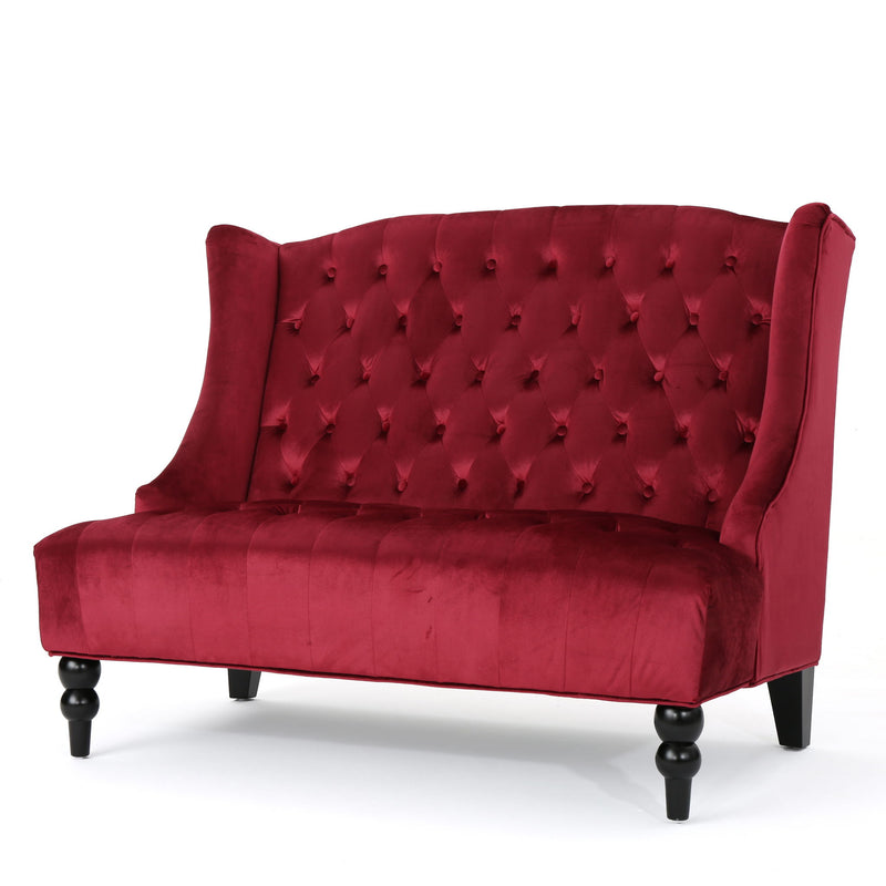 Noble House Nurturing upholstered loveseat with wingback design and diamond tufting, showcasing plush fabric and elegant style.