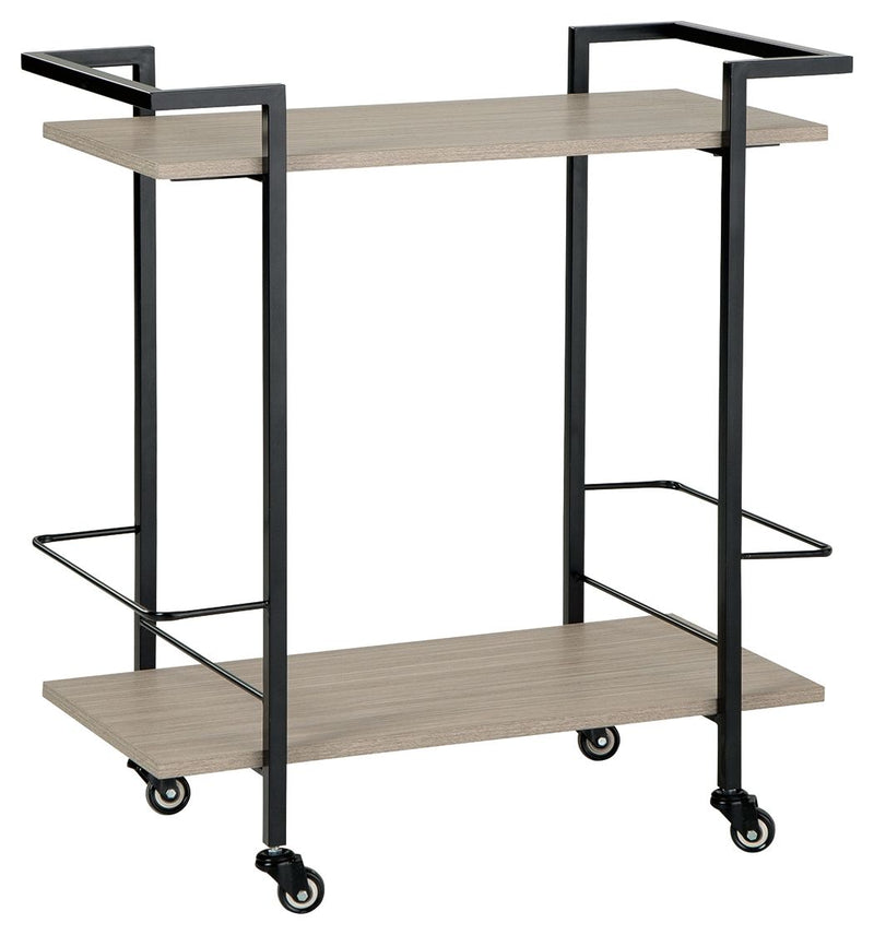 Signature Design by Ashley Waylowe bar cart with two shelves, metal frame, and casters for mobile beverage storage and serving.