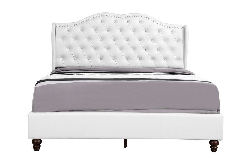 Transitional upholstered bed by Glory Furniture featuring a padded headboard and neutral fabric, modern bedroom furniture style.