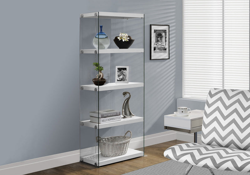 Bookshelf, Bookcase, Etagere, 5 Tier, Glossy Clear Tempered Glass - White - R&R Furniture Gallery (Fountain Valley, CA)
