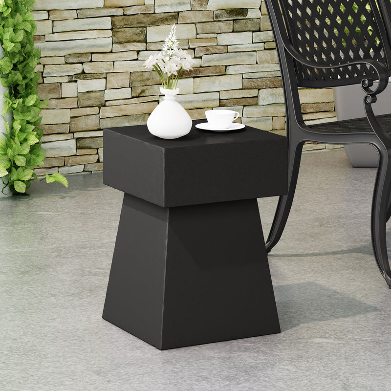 Black outdoor side table from Noble House, patio end table with a sleek, modern design for outdoor seating areas.