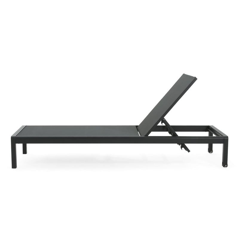 Noble House outdoor patio chaise lounge with five reclining positions, featuring a cushioned seat and adjustable backrest.