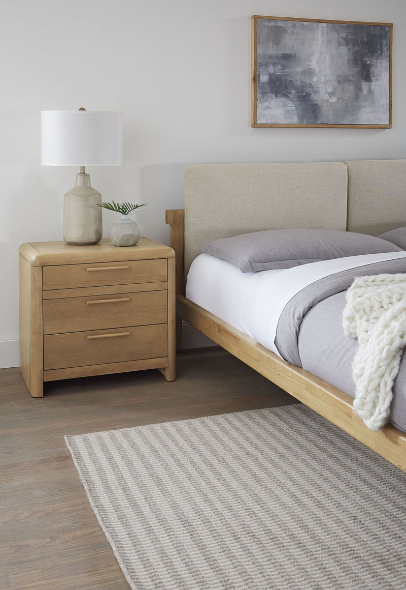 Modus Furano ash wood nightstand with three drawers in ginger finish, showcasing its sleek standalone design and modern style.