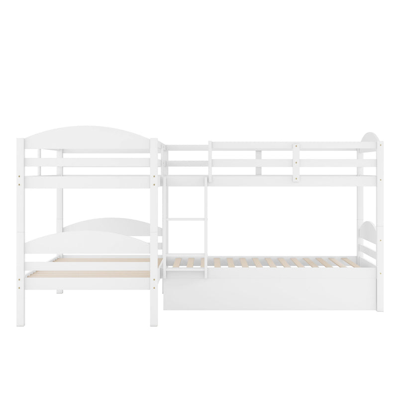 White twin L-shaped bunk bed with trundle from DreamHaus, featuring sturdy wooden frames and space-saving design.