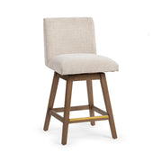 Classic Home Ava swivel counter stool in vanilla oat fabric with a wooden frame and adjustable height at 24-27 inches.