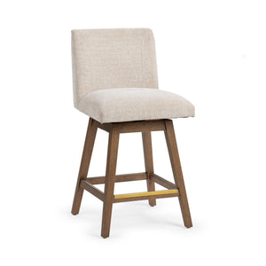 Classic Home Ava swivel counter stool in vanilla oat fabric with a wooden frame and adjustable height at 24-27 inches.