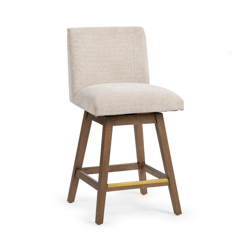 Classic Home Ava swivel counter stool in vanilla oat fabric with a wooden frame and adjustable height at 24-27 inches.