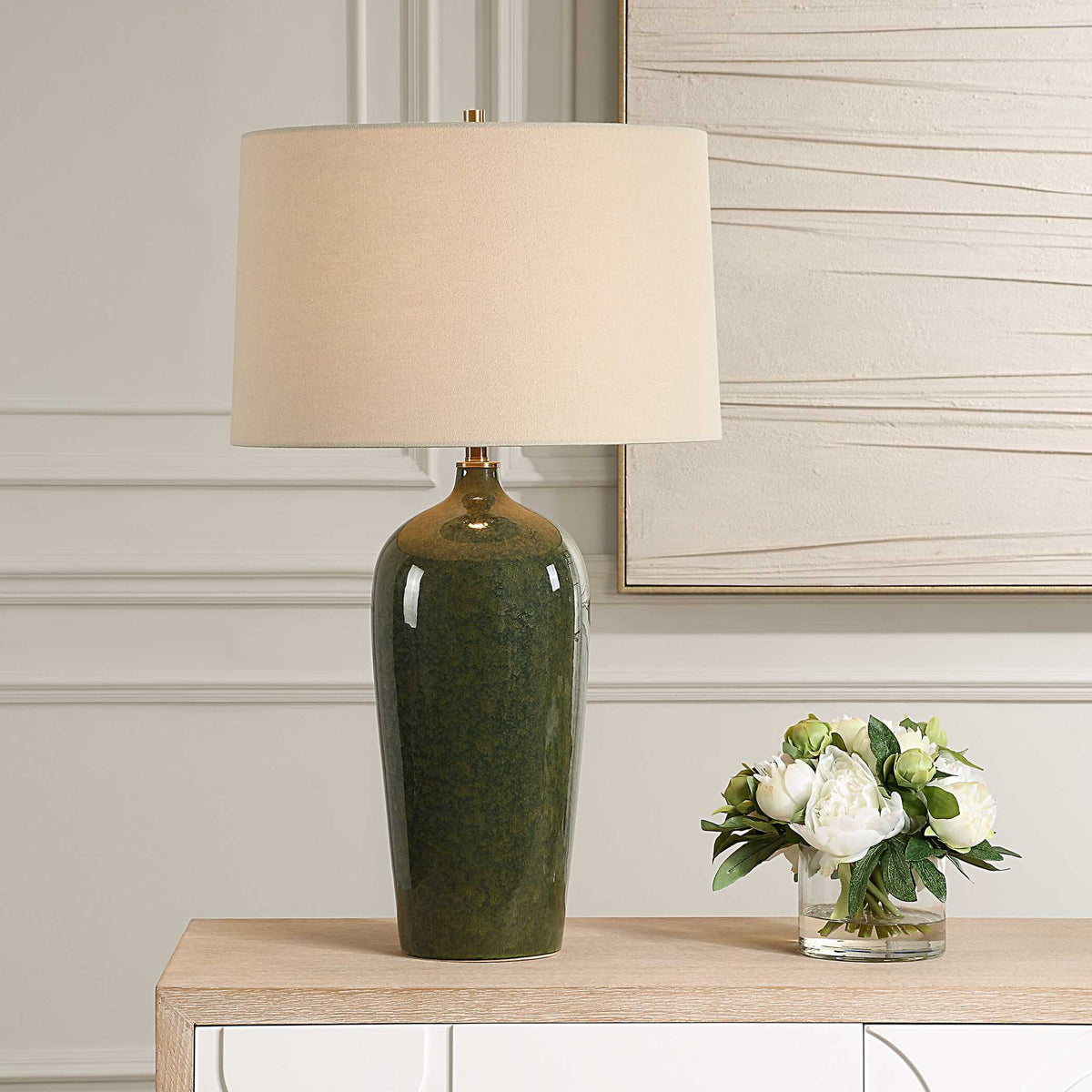 Table Lamp - Dark Green & Beige