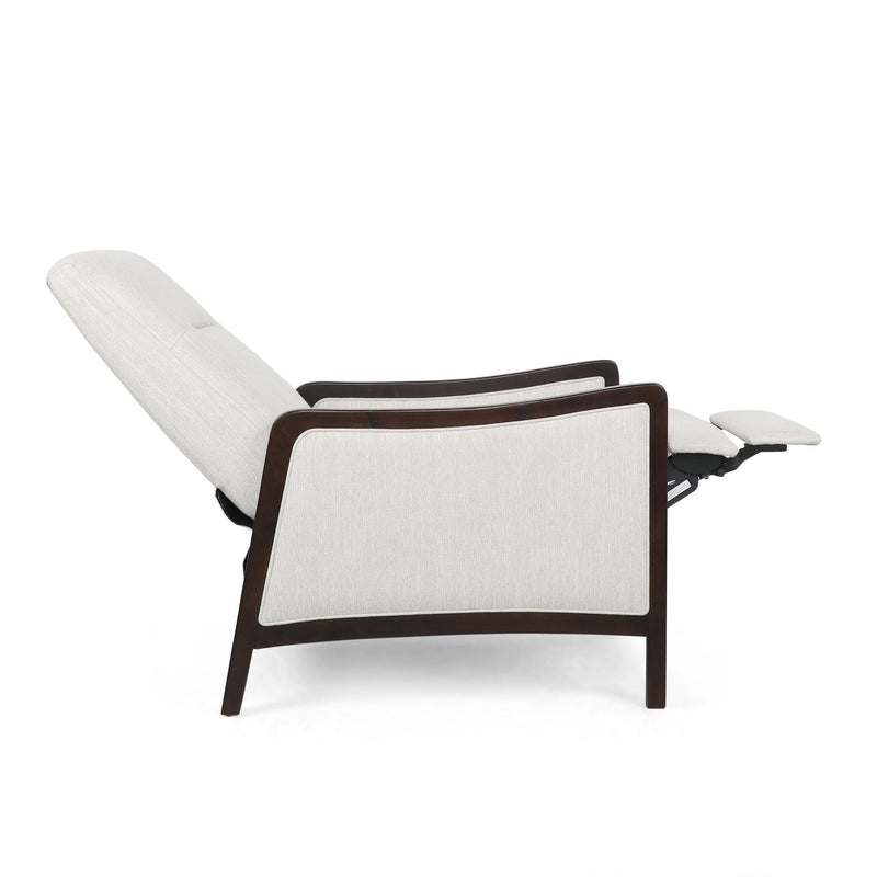 Noble House Drury contemporary fabric upholstered pushback recliner with padded armrests and plush cushioning.