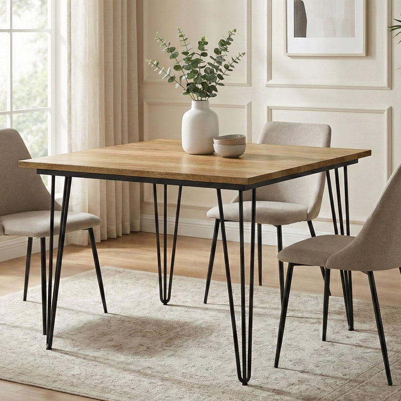 Simpli-Home Hunter square tabletop dining table with wooden finish and sturdy legs, ideal for modern dining spaces.