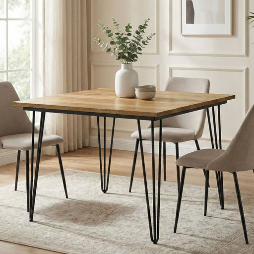 Simpli-Home Hunter square tabletop dining table with wooden finish and sturdy legs, ideal for modern dining spaces.