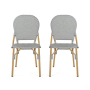 Set of two Noble House outdoor rattan and aluminum armless French bistro chairs in dark gray, perfect for patio or garden seating.