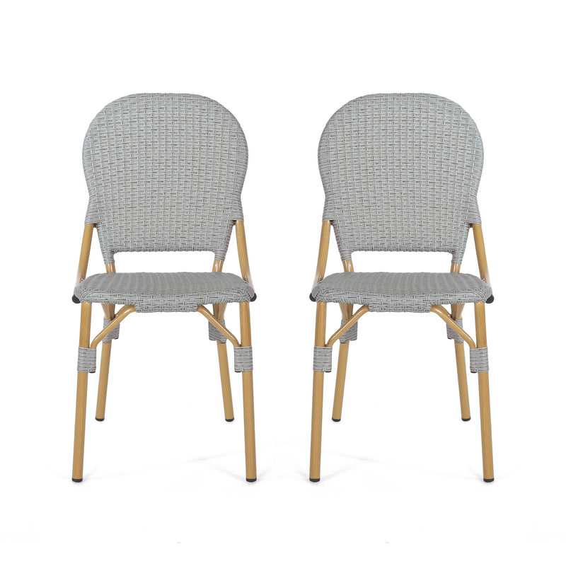 Set of two Noble House outdoor rattan and aluminum armless French bistro chairs in dark gray, perfect for patio or garden seating.