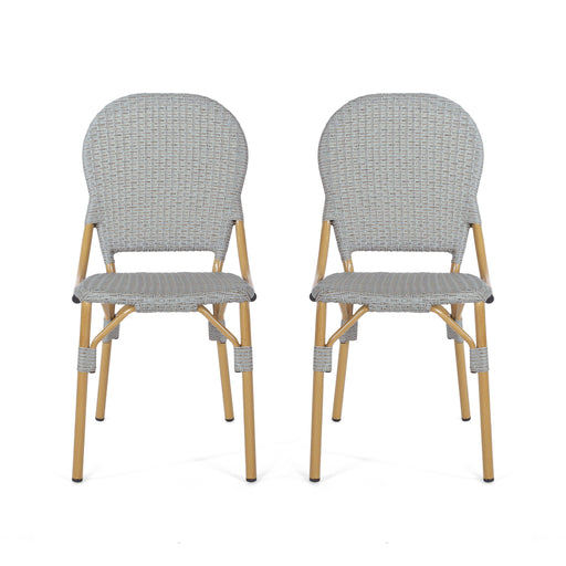 Set of two Noble House outdoor rattan and aluminum armless French bistro chairs in dark gray, perfect for patio or garden seating.