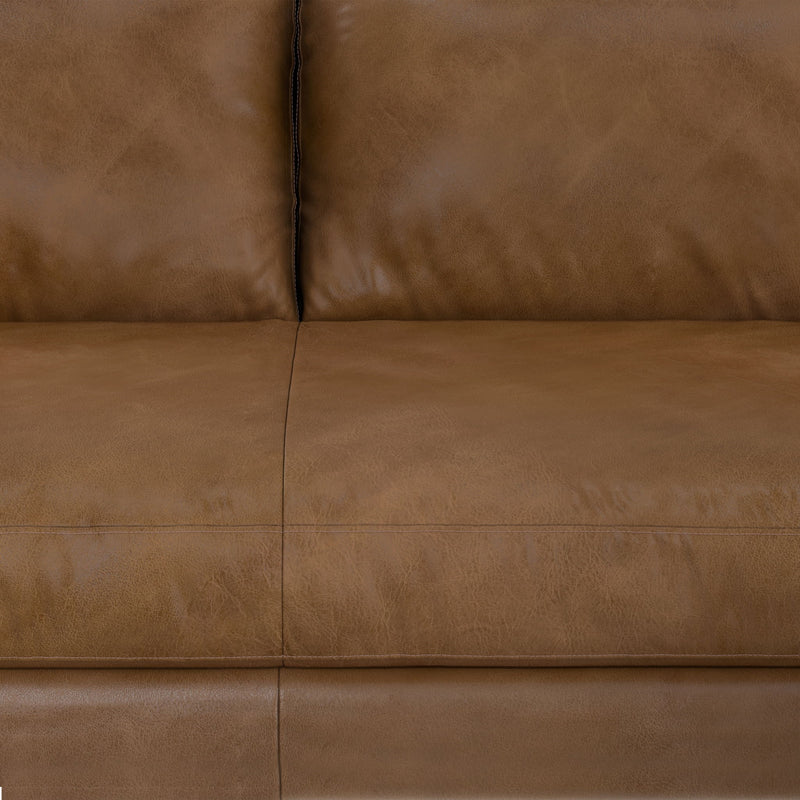 Simpli-Home Morrison upholstered stationary sofa with plush fabric and modern design, featuring cushioned armrests and comfortable seating.