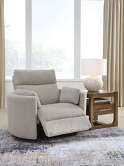 Benchcraft® ModMax Luxe swivel glider power recliner in Flint fabric with plush cushioning and modern design.