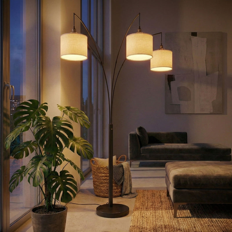 Royal - 3 Arm Arc Floor Lamp, Oil Rubbed Bonze With Linen Shade, 4 Way Rotary Switch - Oil-Rubbed Bronze - R&R Furniture Gallery (Fountain Valley, CA)