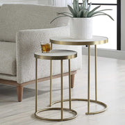 Uttermost Aragon nesting accent tables set of 2 with sleek wooden tops and metal frames, ideal for versatile living room decor.