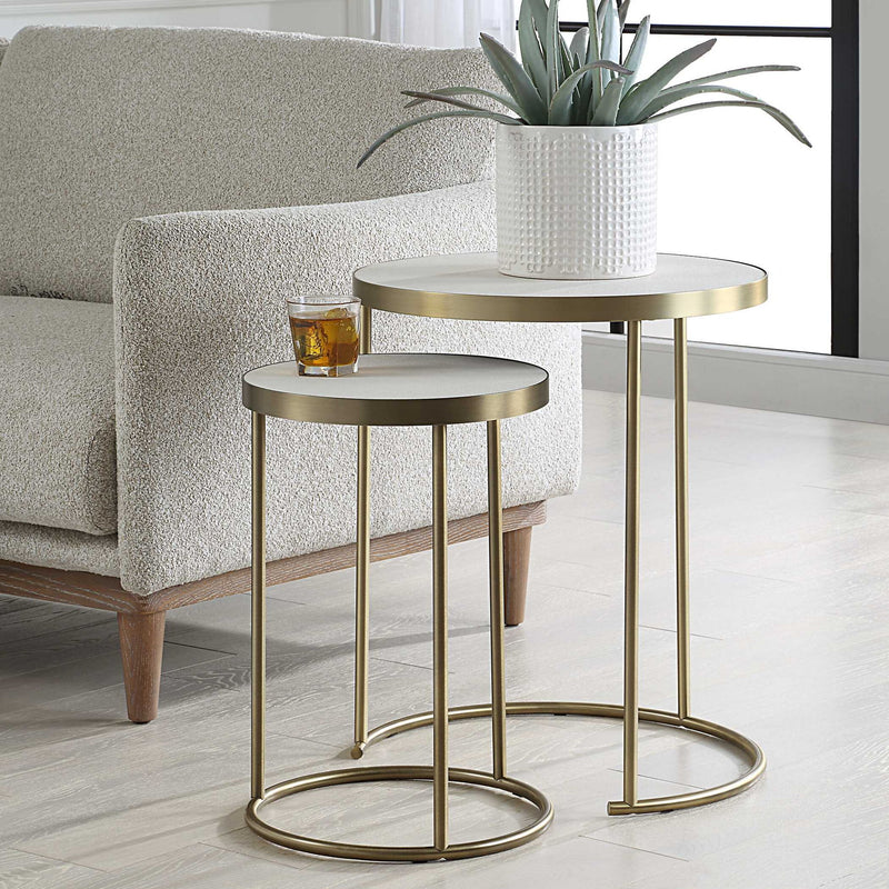 Uttermost Aragon nesting accent tables set of 2 with sleek wooden tops and metal frames, ideal for versatile living room decor.
