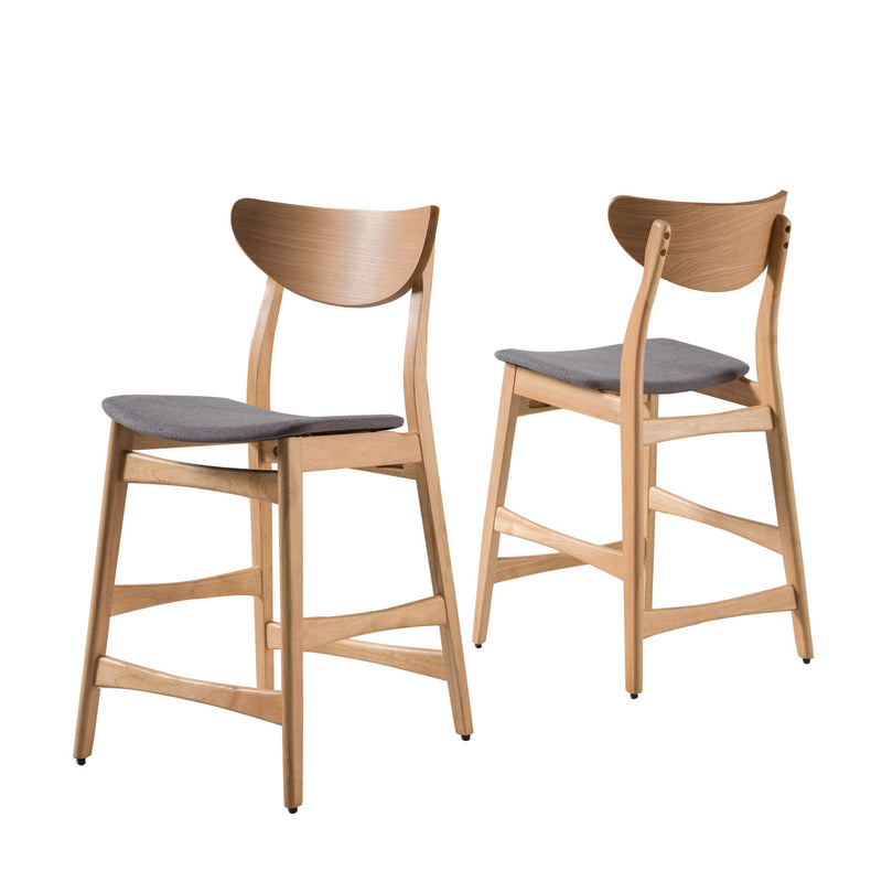 Set of two Noble House retro modern counter height stools with cushioned seats and sleek wooden legs.