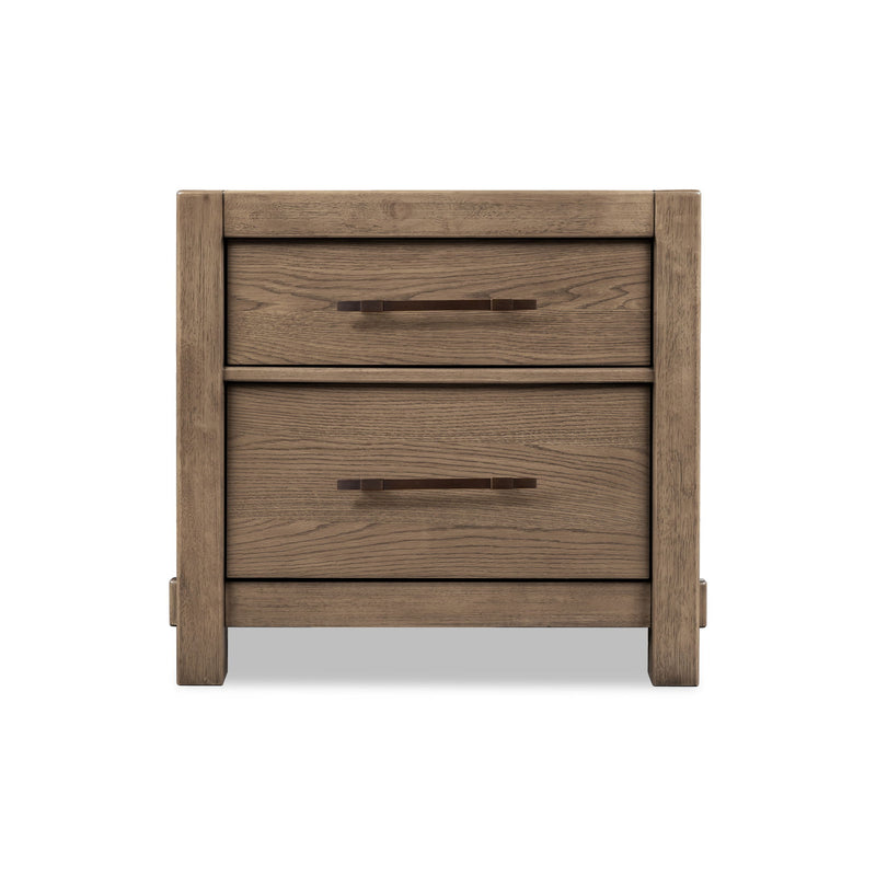 Modus Roycroft 2 Drawer Nightstand in harvest wood showing two drawers and natural wood grain finish.