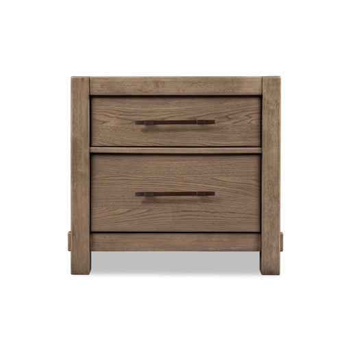 Modus Roycroft 2 Drawer Nightstand in harvest wood showing two drawers and natural wood grain finish.