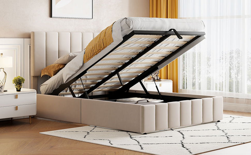 Elegant Upholstered Platform Bed With Hydraulic Storage System - R&R Furniture Gallery (Fountain Valley, CA)