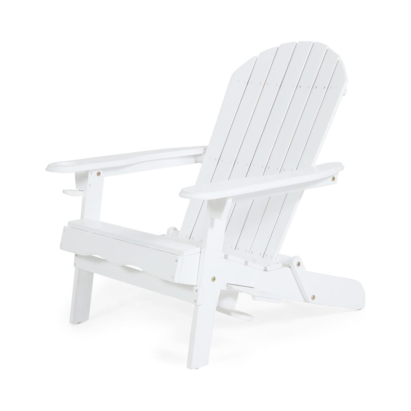 Noble House Zenithia outdoor foldable Adirondack chair with two cup holders, featuring a sturdy wooden design and wide armrests.
