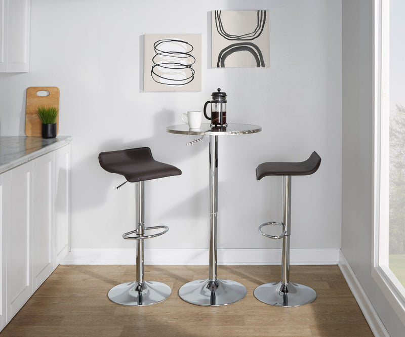 Set of two Lumi Source Ale contemporary adjustable barstools with wooden seats and metal bases, featuring modern design.