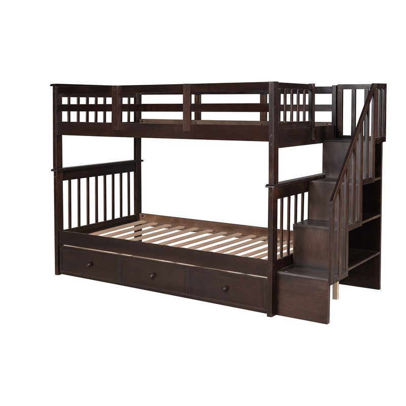 DreamHaus stairway bunk bed with storage drawers and safety guard rail in a bedroom setting